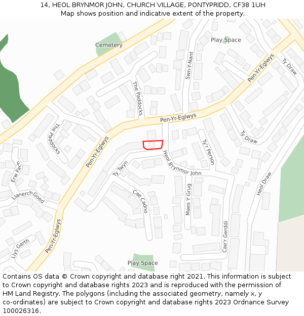 14, HEOL BRYNMOR JOHN, CHURCH VILLAGE, PONTYPRIDD, CF38 1UH: Location map and indicative extent of plot