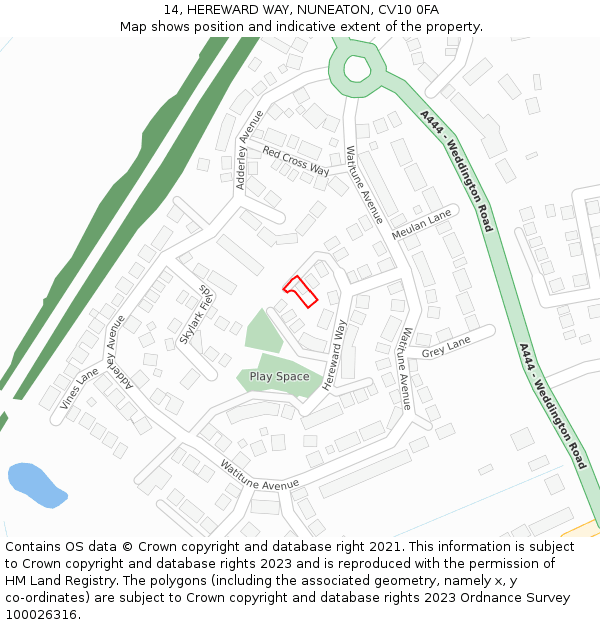 14, HEREWARD WAY, NUNEATON, CV10 0FA: Location map and indicative extent of plot