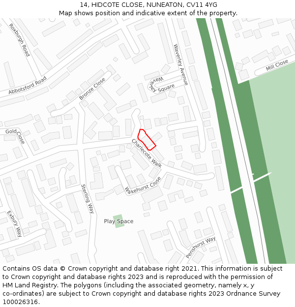 14, HIDCOTE CLOSE, NUNEATON, CV11 4YG: Location map and indicative extent of plot