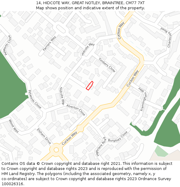 14, HIDCOTE WAY, GREAT NOTLEY, BRAINTREE, CM77 7XT: Location map and indicative extent of plot
