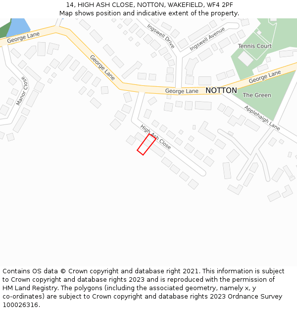 14, HIGH ASH CLOSE, NOTTON, WAKEFIELD, WF4 2PF: Location map and indicative extent of plot