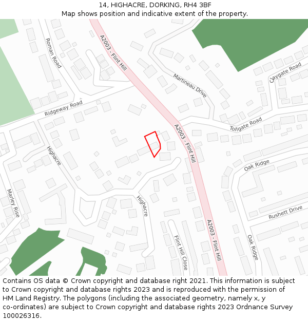 14, HIGHACRE, DORKING, RH4 3BF: Location map and indicative extent of plot