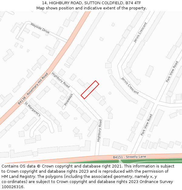 14, HIGHBURY ROAD, SUTTON COLDFIELD, B74 4TF: Location map and indicative extent of plot