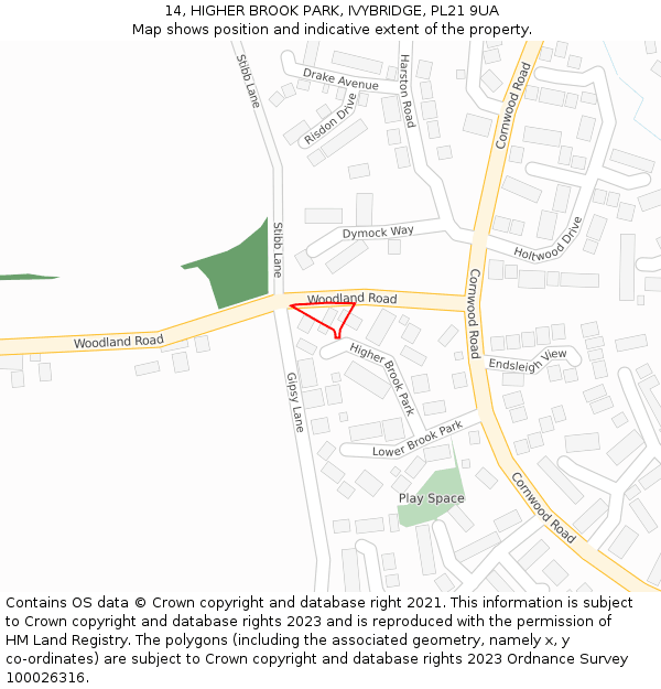 14, HIGHER BROOK PARK, IVYBRIDGE, PL21 9UA: Location map and indicative extent of plot