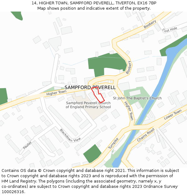 14, HIGHER TOWN, SAMPFORD PEVERELL, TIVERTON, EX16 7BP: Location map and indicative extent of plot