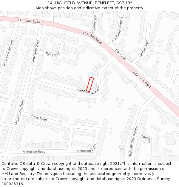 14, HIGHFIELD AVENUE, BENFLEET, SS7 1RY: Location map and indicative extent of plot