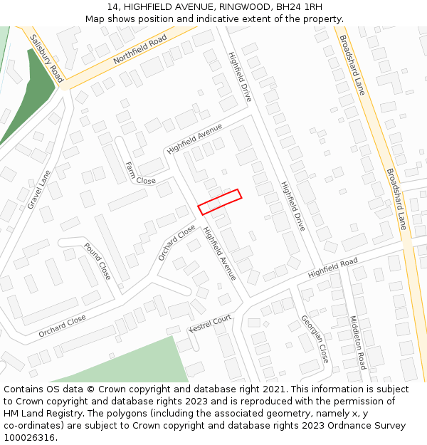 14, HIGHFIELD AVENUE, RINGWOOD, BH24 1RH: Location map and indicative extent of plot