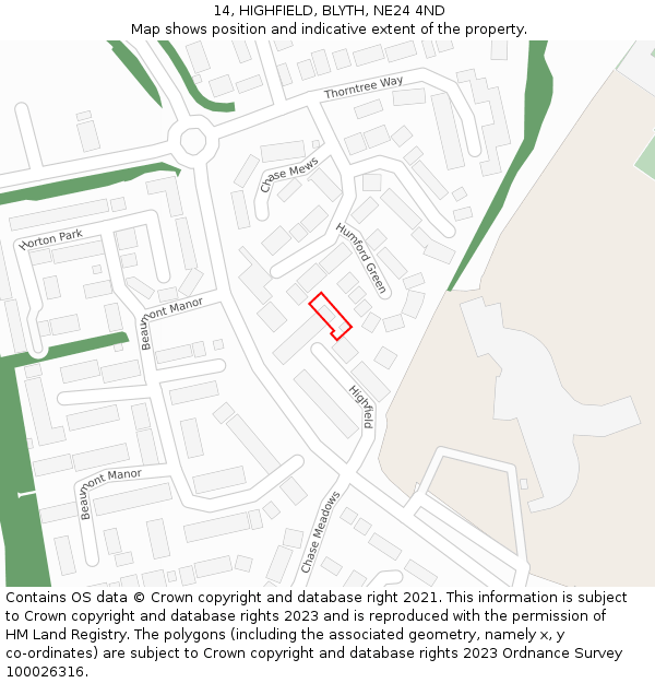 14, HIGHFIELD, BLYTH, NE24 4ND: Location map and indicative extent of plot