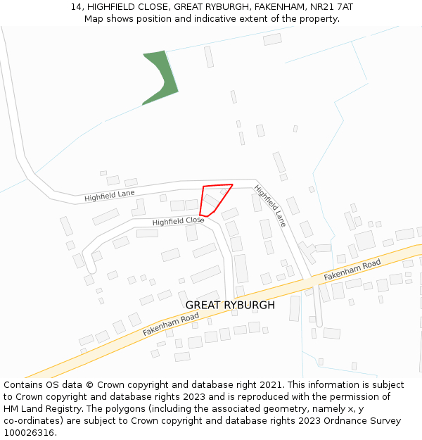 14, HIGHFIELD CLOSE, GREAT RYBURGH, FAKENHAM, NR21 7AT: Location map and indicative extent of plot