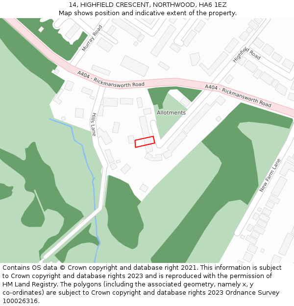14, HIGHFIELD CRESCENT, NORTHWOOD, HA6 1EZ: Location map and indicative extent of plot