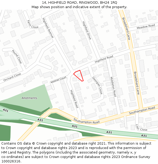 14, HIGHFIELD ROAD, RINGWOOD, BH24 1RQ: Location map and indicative extent of plot