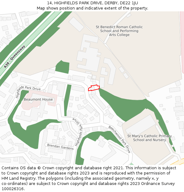 14, HIGHFIELDS PARK DRIVE, DERBY, DE22 1JU: Location map and indicative extent of plot