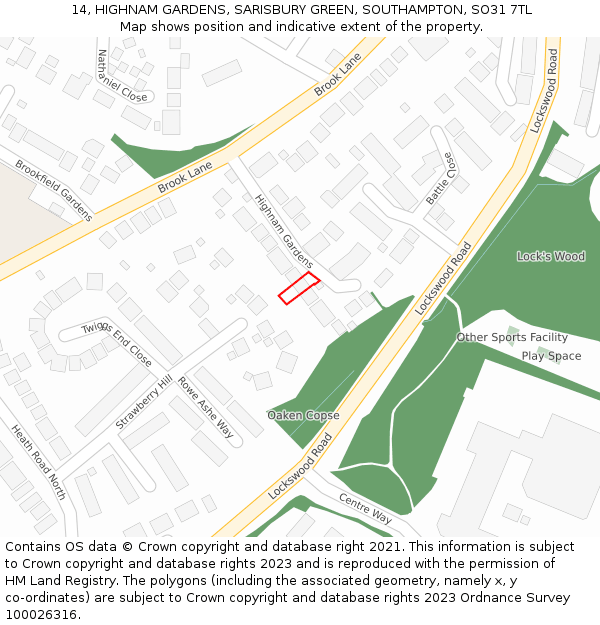 14, HIGHNAM GARDENS, SARISBURY GREEN, SOUTHAMPTON, SO31 7TL: Location map and indicative extent of plot