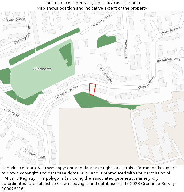 14, HILLCLOSE AVENUE, DARLINGTON, DL3 8BH: Location map and indicative extent of plot