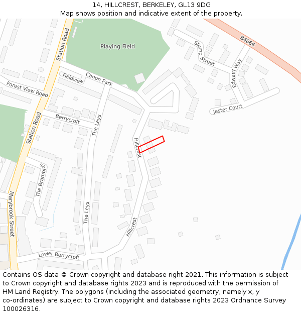14, HILLCREST, BERKELEY, GL13 9DG: Location map and indicative extent of plot