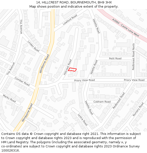 14, HILLCREST ROAD, BOURNEMOUTH, BH9 3HX: Location map and indicative extent of plot