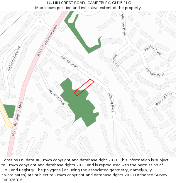 14, HILLCREST ROAD, CAMBERLEY, GU15 1LG: Location map and indicative extent of plot