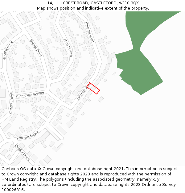 14, HILLCREST ROAD, CASTLEFORD, WF10 3QX: Location map and indicative extent of plot