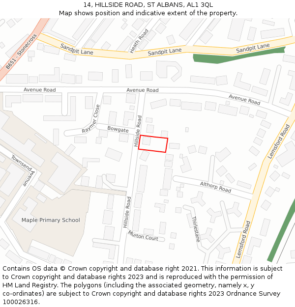 14, HILLSIDE ROAD, ST ALBANS, AL1 3QL: Location map and indicative extent of plot