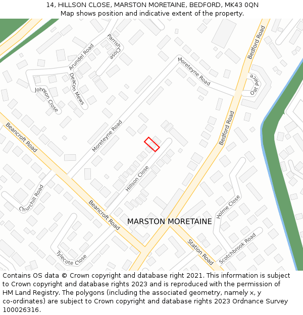 14, HILLSON CLOSE, MARSTON MORETAINE, BEDFORD, MK43 0QN: Location map and indicative extent of plot