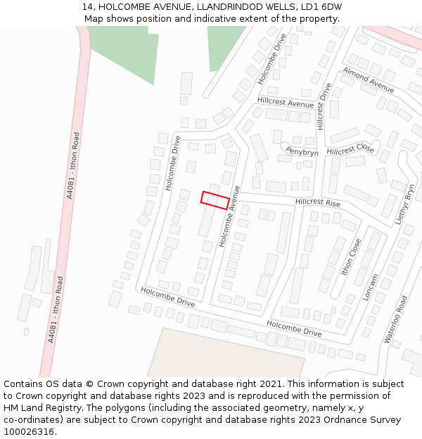 14, HOLCOMBE AVENUE, LLANDRINDOD WELLS, LD1 6DW: Location map and indicative extent of plot