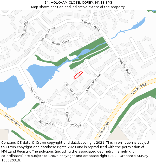 14, HOLKHAM CLOSE, CORBY, NN18 8PG: Location map and indicative extent of plot
