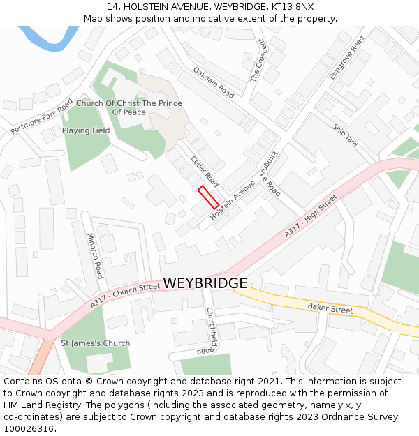 14, HOLSTEIN AVENUE, WEYBRIDGE, KT13 8NX: Location map and indicative extent of plot