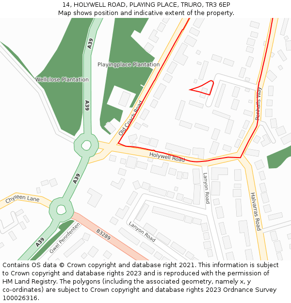 14, HOLYWELL ROAD, PLAYING PLACE, TRURO, TR3 6EP: Location map and indicative extent of plot