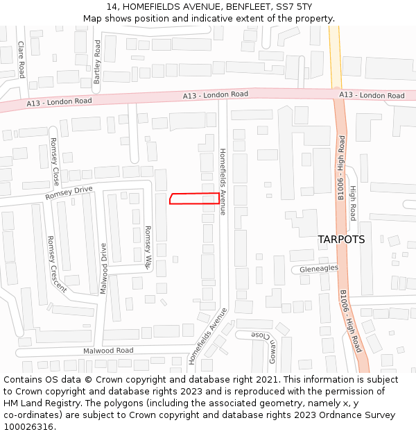 14, HOMEFIELDS AVENUE, BENFLEET, SS7 5TY: Location map and indicative extent of plot