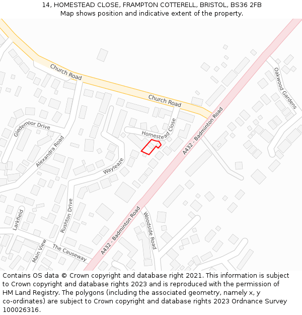 14, HOMESTEAD CLOSE, FRAMPTON COTTERELL, BRISTOL, BS36 2FB: Location map and indicative extent of plot