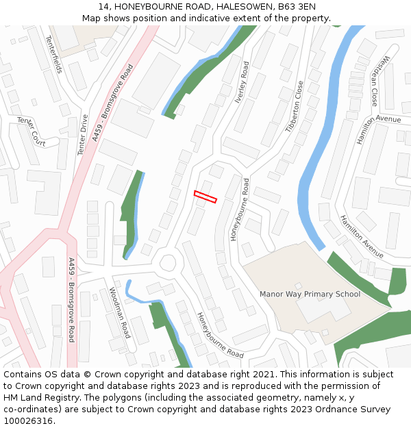 14, HONEYBOURNE ROAD, HALESOWEN, B63 3EN: Location map and indicative extent of plot