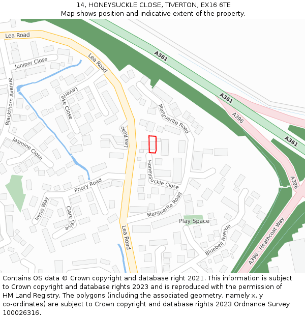 14, HONEYSUCKLE CLOSE, TIVERTON, EX16 6TE: Location map and indicative extent of plot