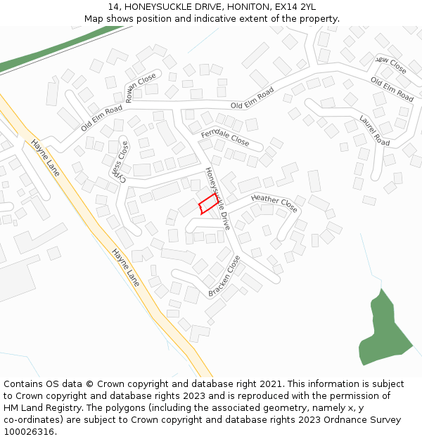 14, HONEYSUCKLE DRIVE, HONITON, EX14 2YL: Location map and indicative extent of plot
