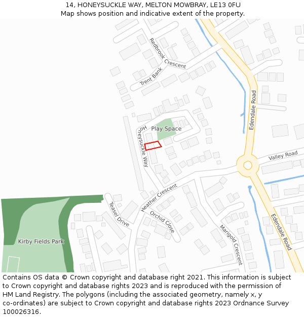 14, HONEYSUCKLE WAY, MELTON MOWBRAY, LE13 0FU: Location map and indicative extent of plot