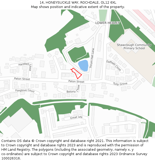 14, HONEYSUCKLE WAY, ROCHDALE, OL12 6XL: Location map and indicative extent of plot