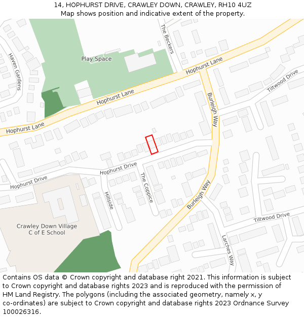 14, HOPHURST DRIVE, CRAWLEY DOWN, CRAWLEY, RH10 4UZ: Location map and indicative extent of plot