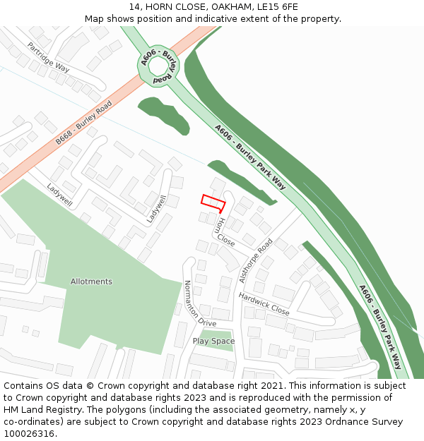 14, HORN CLOSE, OAKHAM, LE15 6FE: Location map and indicative extent of plot