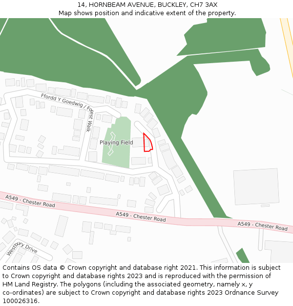 14, HORNBEAM AVENUE, BUCKLEY, CH7 3AX: Location map and indicative extent of plot