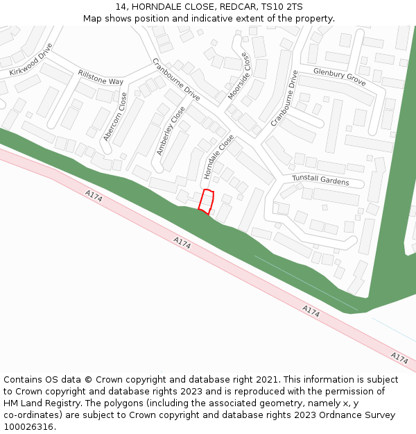 14, HORNDALE CLOSE, REDCAR, TS10 2TS: Location map and indicative extent of plot