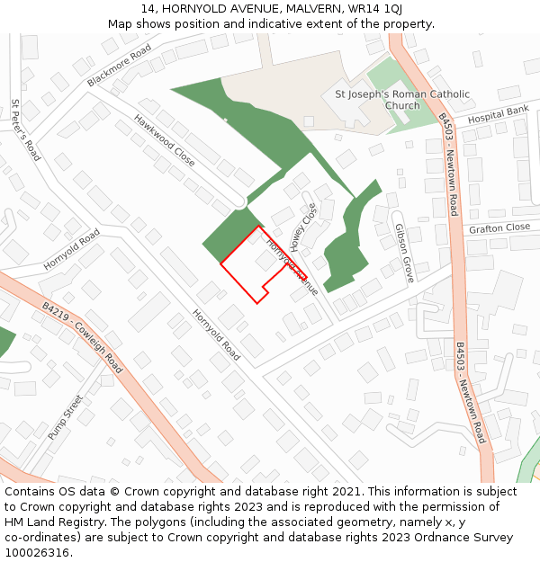 14, HORNYOLD AVENUE, MALVERN, WR14 1QJ: Location map and indicative extent of plot