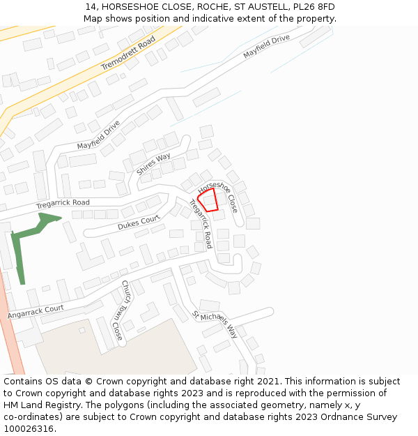 14, HORSESHOE CLOSE, ROCHE, ST AUSTELL, PL26 8FD: Location map and indicative extent of plot