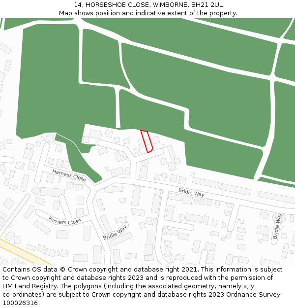 14, HORSESHOE CLOSE, WIMBORNE, BH21 2UL: Location map and indicative extent of plot