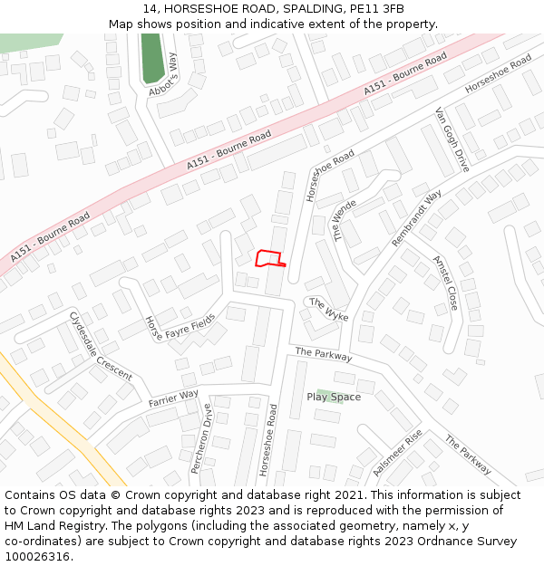 14, HORSESHOE ROAD, SPALDING, PE11 3FB: Location map and indicative extent of plot