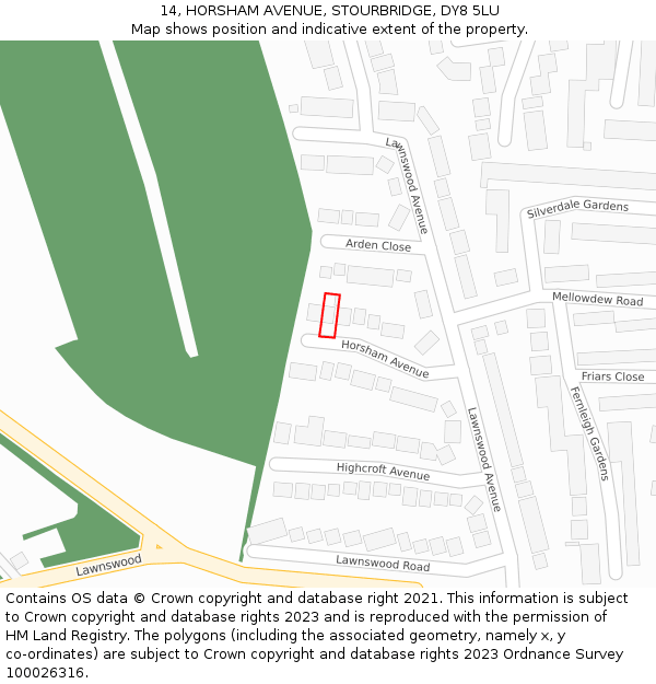 14, HORSHAM AVENUE, STOURBRIDGE, DY8 5LU: Location map and indicative extent of plot