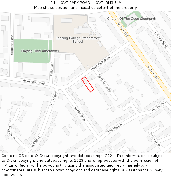 14, HOVE PARK ROAD, HOVE, BN3 6LA: Location map and indicative extent of plot