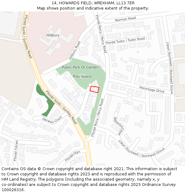 14, HOWARDS FIELD, WREXHAM, LL13 7ER: Location map and indicative extent of plot