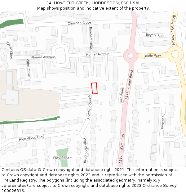 14, HOWFIELD GREEN, HODDESDON, EN11 9AL: Location map and indicative extent of plot