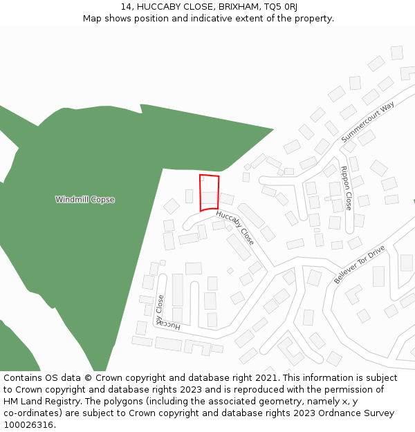 14, HUCCABY CLOSE, BRIXHAM, TQ5 0RJ: Location map and indicative extent of plot