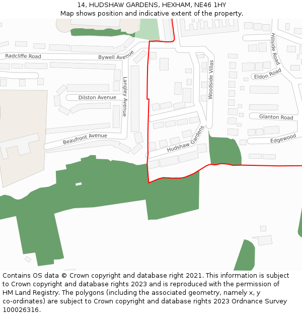 14, HUDSHAW GARDENS, HEXHAM, NE46 1HY: Location map and indicative extent of plot