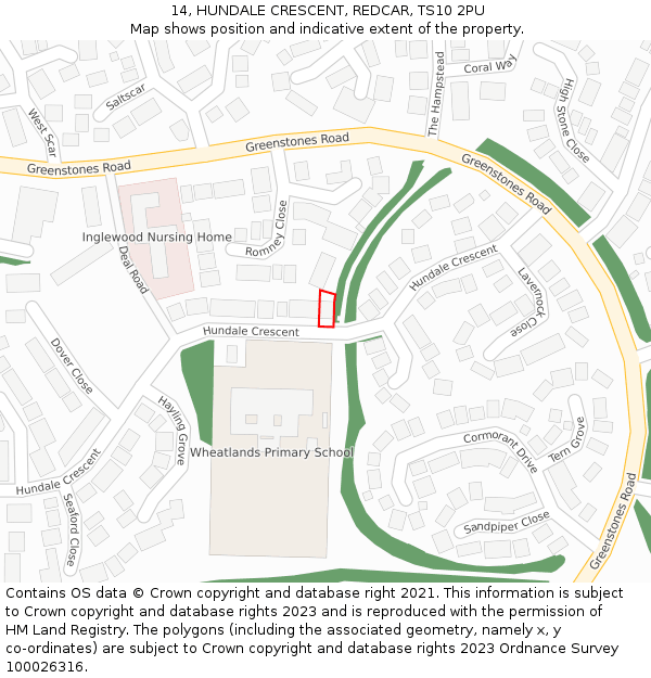 14, HUNDALE CRESCENT, REDCAR, TS10 2PU: Location map and indicative extent of plot